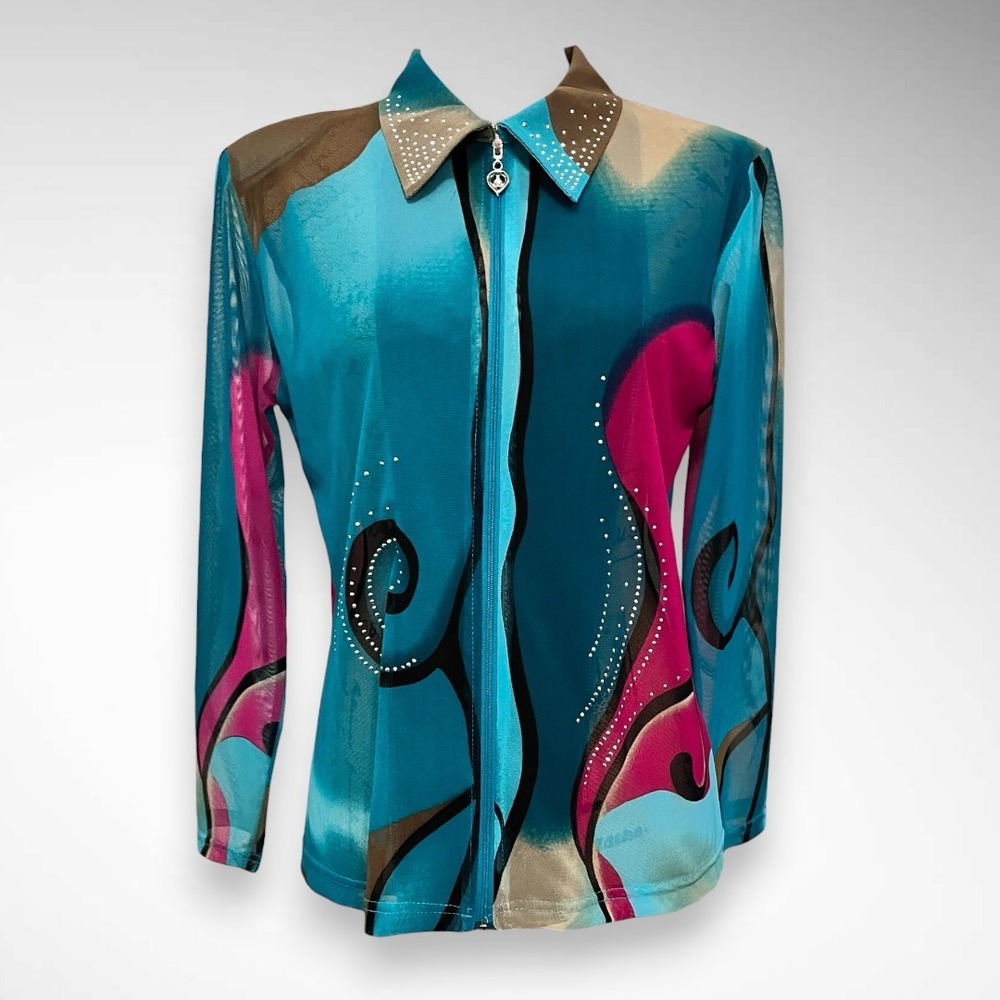 VALENTINA Sheer Multicolor Embellished Wearable Art Zip Up Jacket Vintage Medium